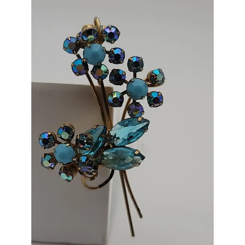Vintage Gold-tone Blue, Turquoise-colored & Aurora Borealis Floral Brooch